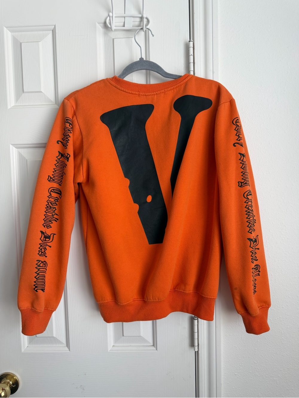 Off-White Orange Crewneck Sweatshirt with Black Graphic V(perfect for halloween)